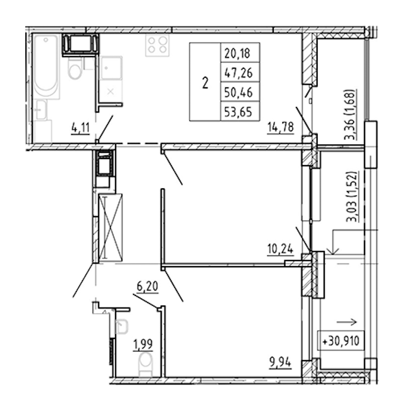 2-комнатная квартира 47.26 м², 12/12 эт., ЖК «Полис Новоселье»